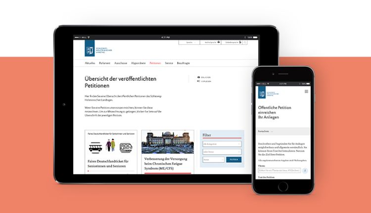 Webseitenbereich oeffentliche Petition des Landtages Schleswig Holstein auf Tablet und Mobiltelefon